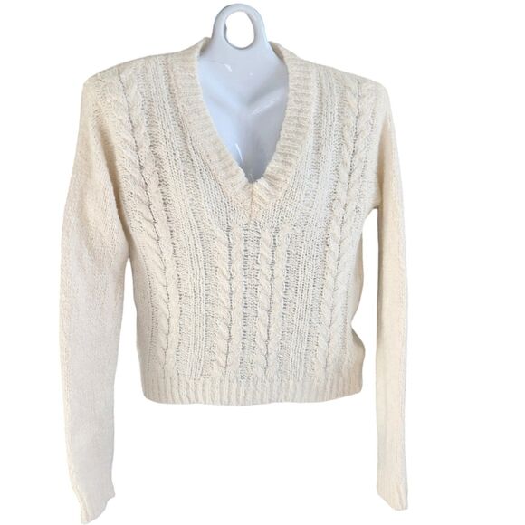 Brandy Melville Crop V-Neck Cable Knit Wool Blend Sweater-Ivory-Italy-Preppy-S-M - Picture 3 of 12